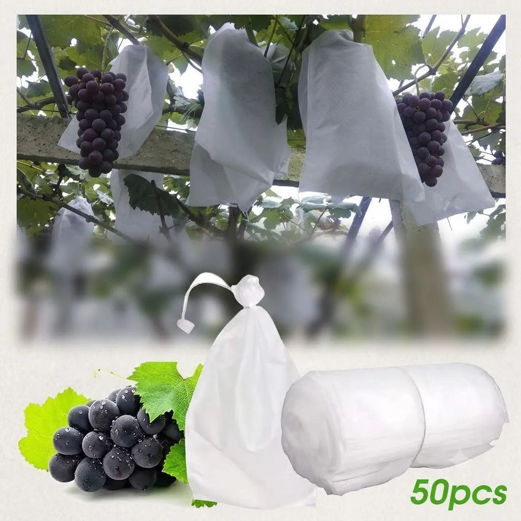 50Pcs Fruit Protection Bags with Drawstring Breathable Mesh Netting Insect Bird Pest Deer Proof Cover for Apple Grape Tree