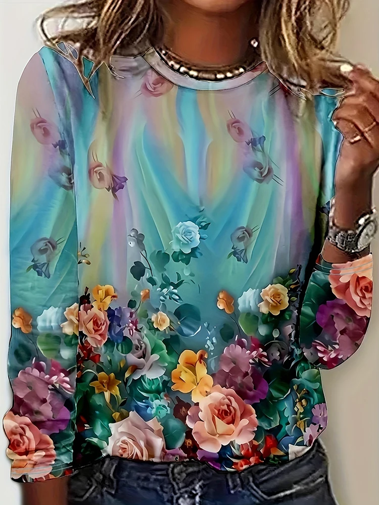 3D Bloemenprint Dames Modieus T-shirt met lange mouwen Dagelijks Dames Warm-up Top Voor Herfst Winter Street-style Casual T-shirt