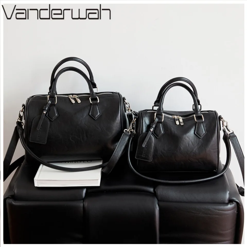 

2 Size Vintage Waxed Leather Boston Bag Large Capacity Convertible Handbag Shoulder Crossbody Tote Bag for Daily Commute Travel