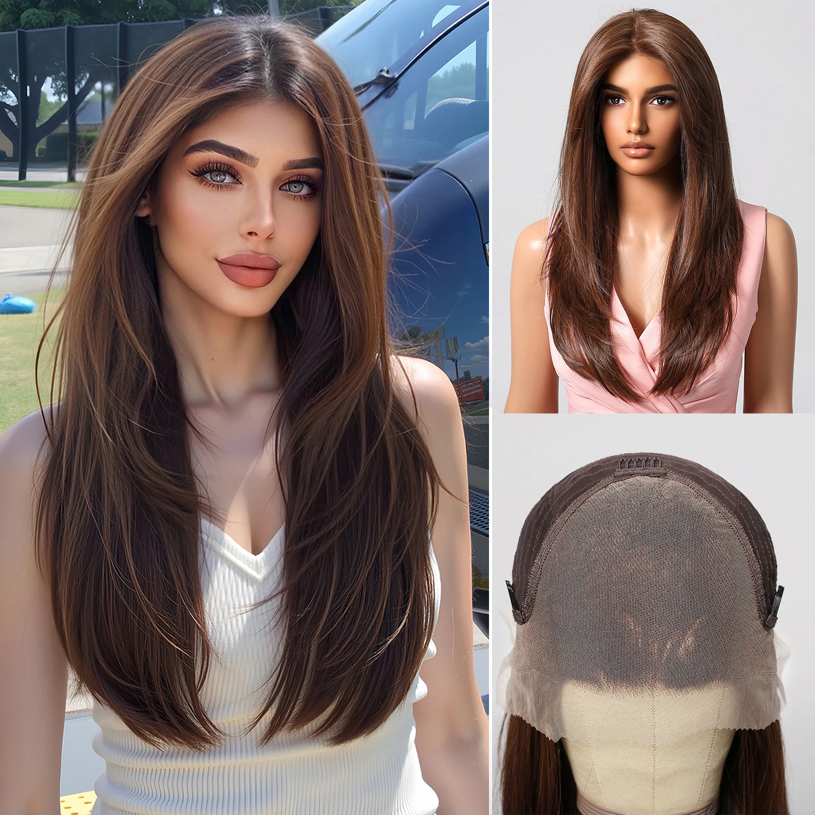 

DWY 22in Прямые синтетические кружевные парики для женщин Длинные прямые шоколадно-коричневые парики Бесплатная часть Натуральная линия волос 13*6 Парик из кружевных волос