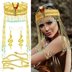 Women Snake Earring Bracelet Jewelry Halloween Cosplay Queen of Egypt Cobra Headwear Gold Beaded Pharaoh Sequin Hair Accessories