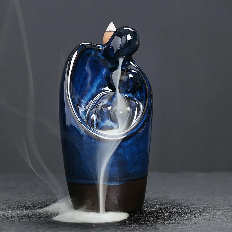 1pc Ceramic Backflow Incense Burner Blue Kiln Variation Aromatherapy Furnace with Abstract Couple Design Valentine's Gift view 4
