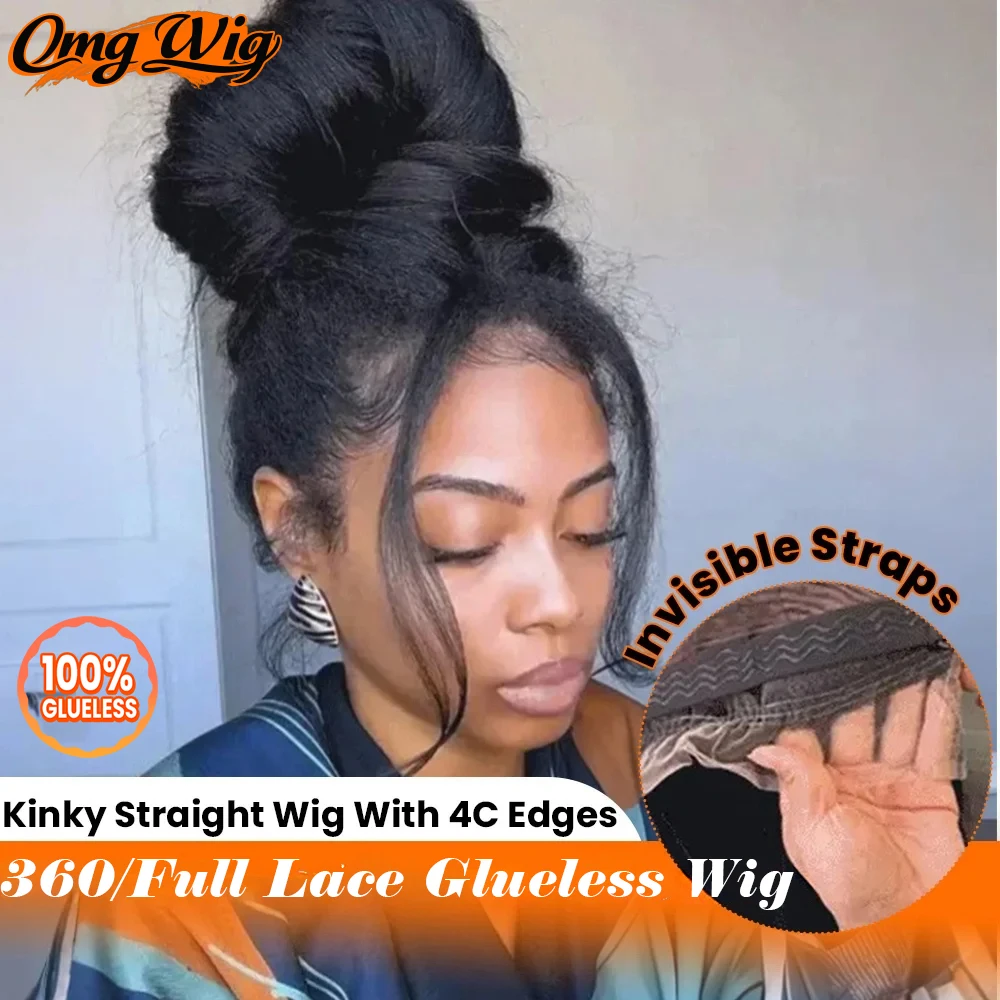 

Natural Black Color 360 Glueless Kinky Straight Wig With Invisible Straps Full Lace Wig With 4C Kinky Edges For Black Women
