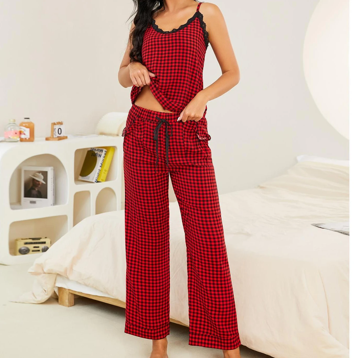 Sexy Camisole Crop Pajama Sets Red Cropped Short Women Mujer Conjuntos Pijamas Conjunto Pyjama Pijama Femme Outfit Lounge