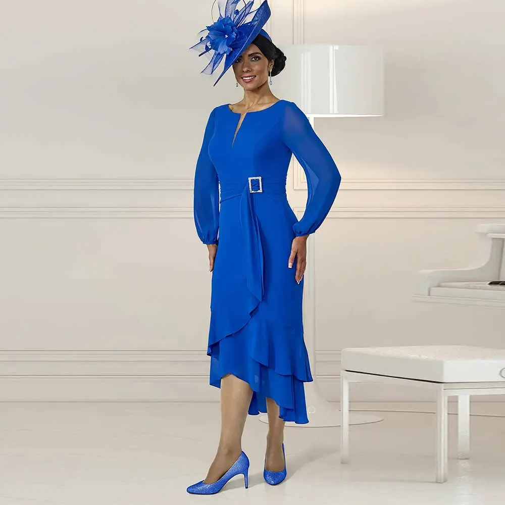 

Dubai Mother of the Bride Dresses 2025 Chiffon Sheath/Column Prom Dress Blue O-Neck Ruffles Belt Groom's Mother Dress Midi