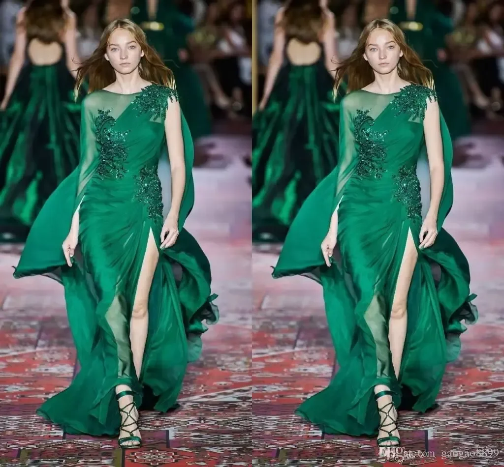 2026 Collection Dark Green Evening Dresses Long Sleeve Crew Neck Chiffon Sweep Train Formal Occasion Prom Event Party Dress