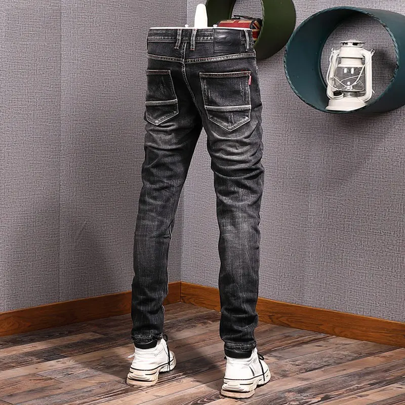 Pantalones vaqueros de estilo italiano para hombre, Jeans rasgados de alta calidad, elásticos, Retro, negro y gris, diseño Vintage