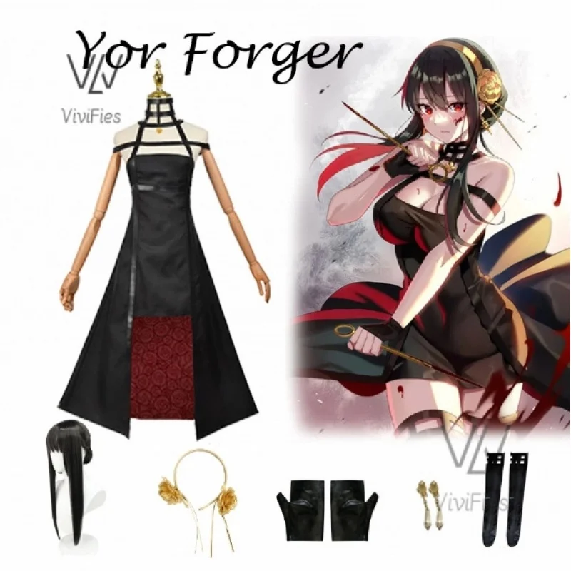 Anime Spy X Family Yor Forger Cosplay Wig Dress Suit Assassin Gothic Black Red Skirt Outfit Uniform Yor Briar Earring Long Hair