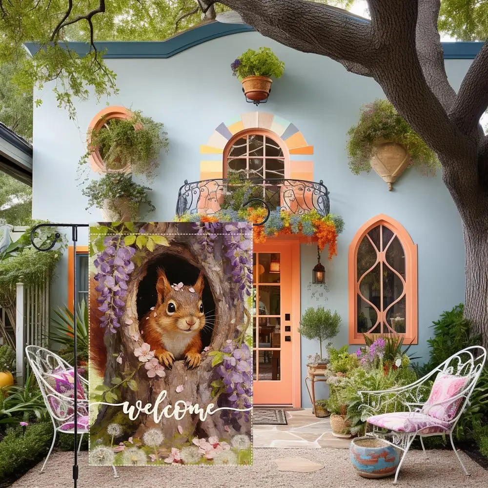Welcome Garden Flag 12x18 Inch Double Sided with Squirrel, Wisteria, Dandelions, and Flower Petals Burlap Spring Outdoor Yar ZZM