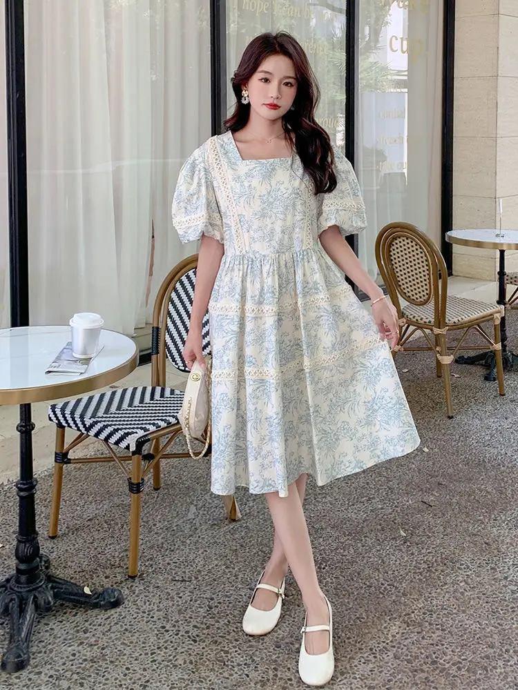 Korejpaa French Elegant Square Collar Floral Dress Women Summer 2025 New Sweet Gentle High Waist Midi Dresses Vestidos Femme