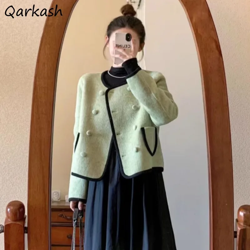 

Куртки женские осенние изящные Mujer зеленые топы на пуговицах с карманами утолщенные теплые свободные пальто универсальные шикарные во французском стиле