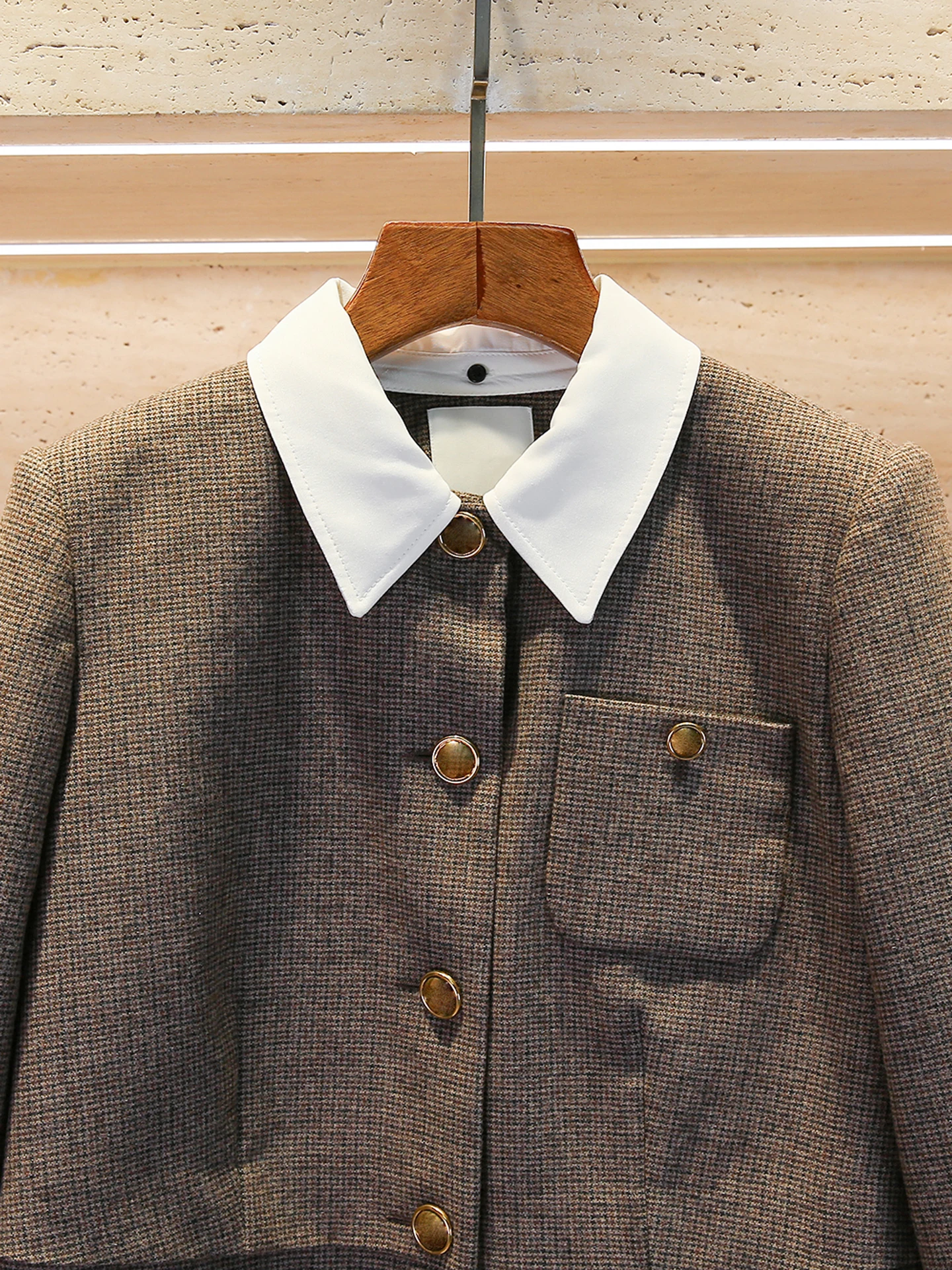 

Premium Autumn Winter Plaid Jaet Women's Faion Retro Versatile Commute Sle Long Sve Button Closure Stand Fit