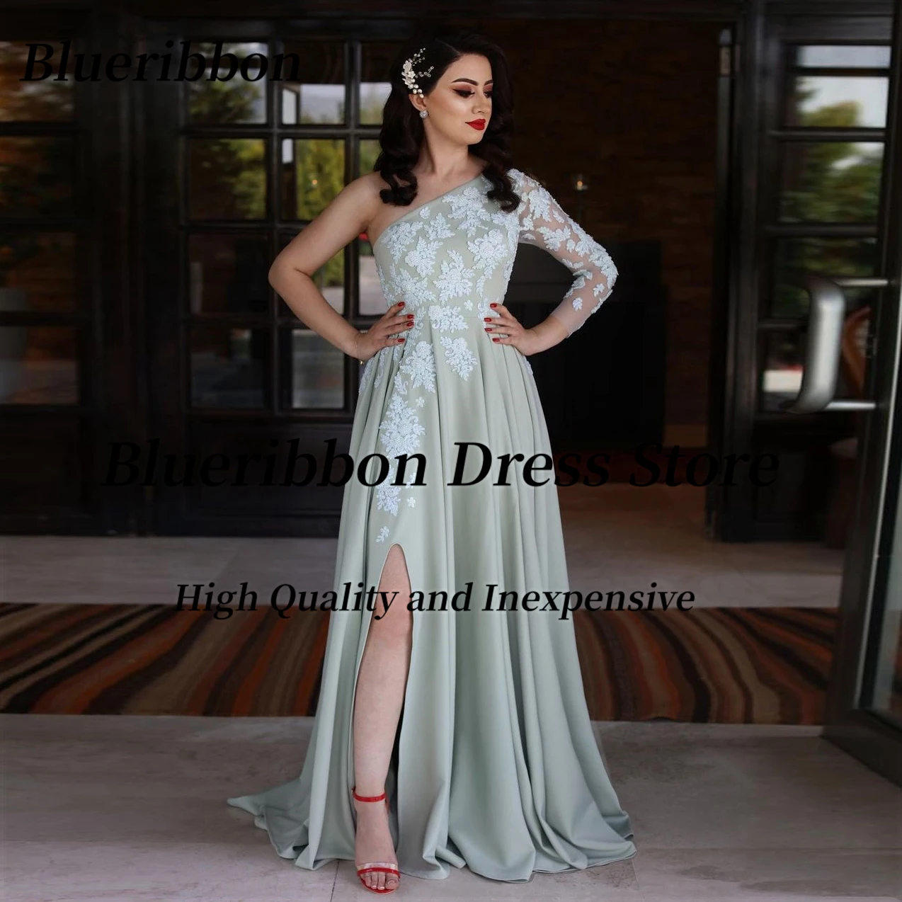 

Blueribbon Wedding Guest Dress One Shoulder Long Sleeve Prom Dresses with Lace Applique Side Slit Evening Party Formal Gowns