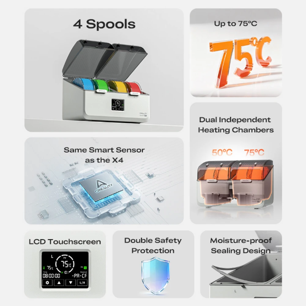 Creality SpacePi X4L Filament Dryer 4 Spools Up to 75℃ LCD Touchscreen Dual Independent Heating Chamber Double Safety Protection