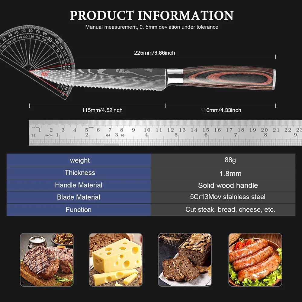 XITUO Super Sharp Stainless Steel Laser Damascus Pattern Steak Knife Set Professional Restaurant Serrated Knife Ergonomic Handle
