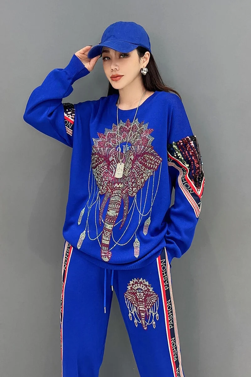 Vefadisa 2024 Autumn New Black Hot Diamond Cartoon Elephant Women O-neck Long Sleeved Top Casual Pants Two-piece Set ZXY633A