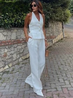 Traje de pantalón liso a la moda para mujer, chaqueta sin mangas con un solo pecho y cuello Halter, chaleco, Top con cremallera, pantalones con mosca, conjuntos de oficina para mujer