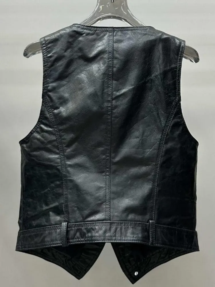 Leisure Style Genuine Leather V Neck Single-Breasted Handmade Vest Straight Sheepskin Sleeveless Solid Color Female Outerwear