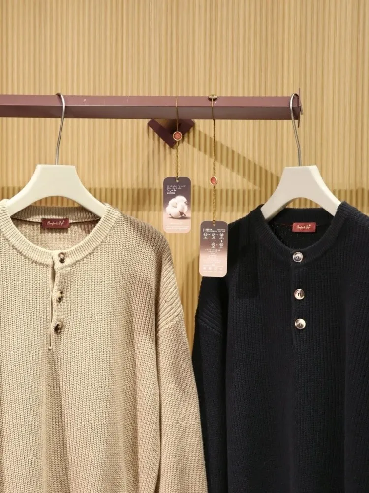 

Men's Winter Knitted Sweater Henry Collar Loose Fit Cotton Yarn Thiened Casual Sle Warmth Comfortable Faionable Top