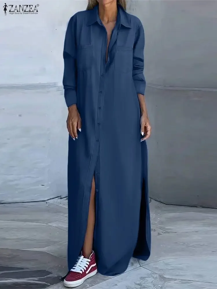 2025 ZANZEA Moda Autunno Camicia Abito Donna Elegante Risvolto Collo Manica Lunga Robe Maxi Abiti Ufficio Vestito Estivo Split Hem Abiti