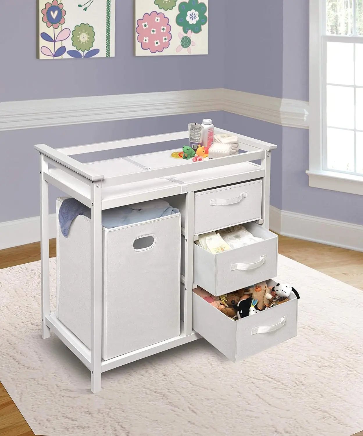 Modern Baby Changing Table com cesto de roupa suja, 3 gavetas de armazenamento e almofada, fralda Change Station, branco e branco cesta