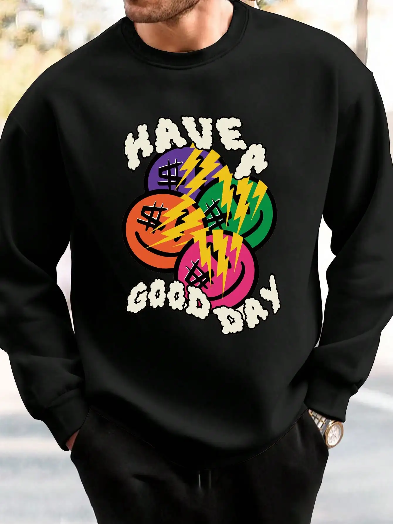 

Have A Good Day Letter Money Colorful Face Design Man Hoody Oversize Fleece Tops Street Style New Pullovers Hip Hop Sweatshirts