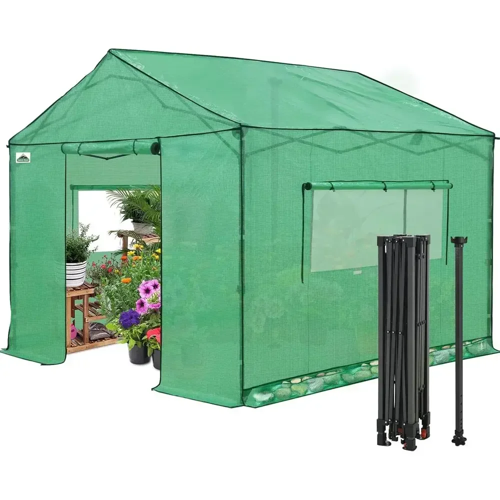 10x10 Walk-in Greenhouse with Easy Setup, Gable Roof, Zippered Doors & Windows, Winter Support Poles, Green