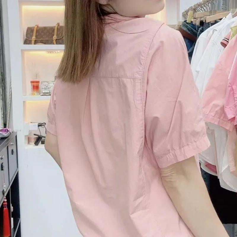 Solid Short Sleeve T-shirts Women Cropped Pockets Zippers Turn-down Collar Loose Soft Thin Casual Simple Daily Korean Style Chic