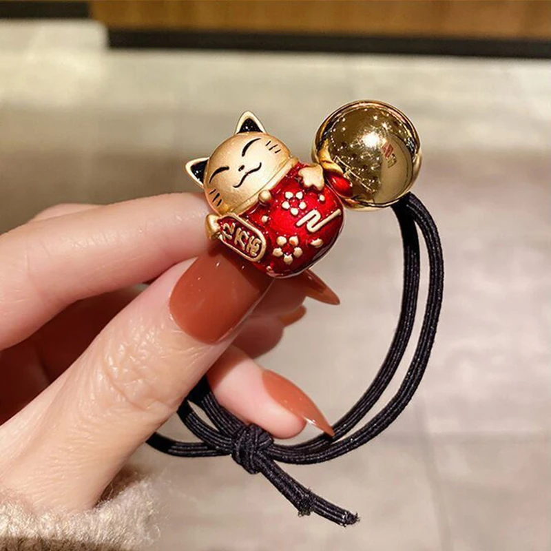 1Pc Cartoon Resin Lucky Cat Head Rope Bracelet Dual-Purpose Simple Ponytail Headdress Hair Tie Elastic Bands for Women Girl