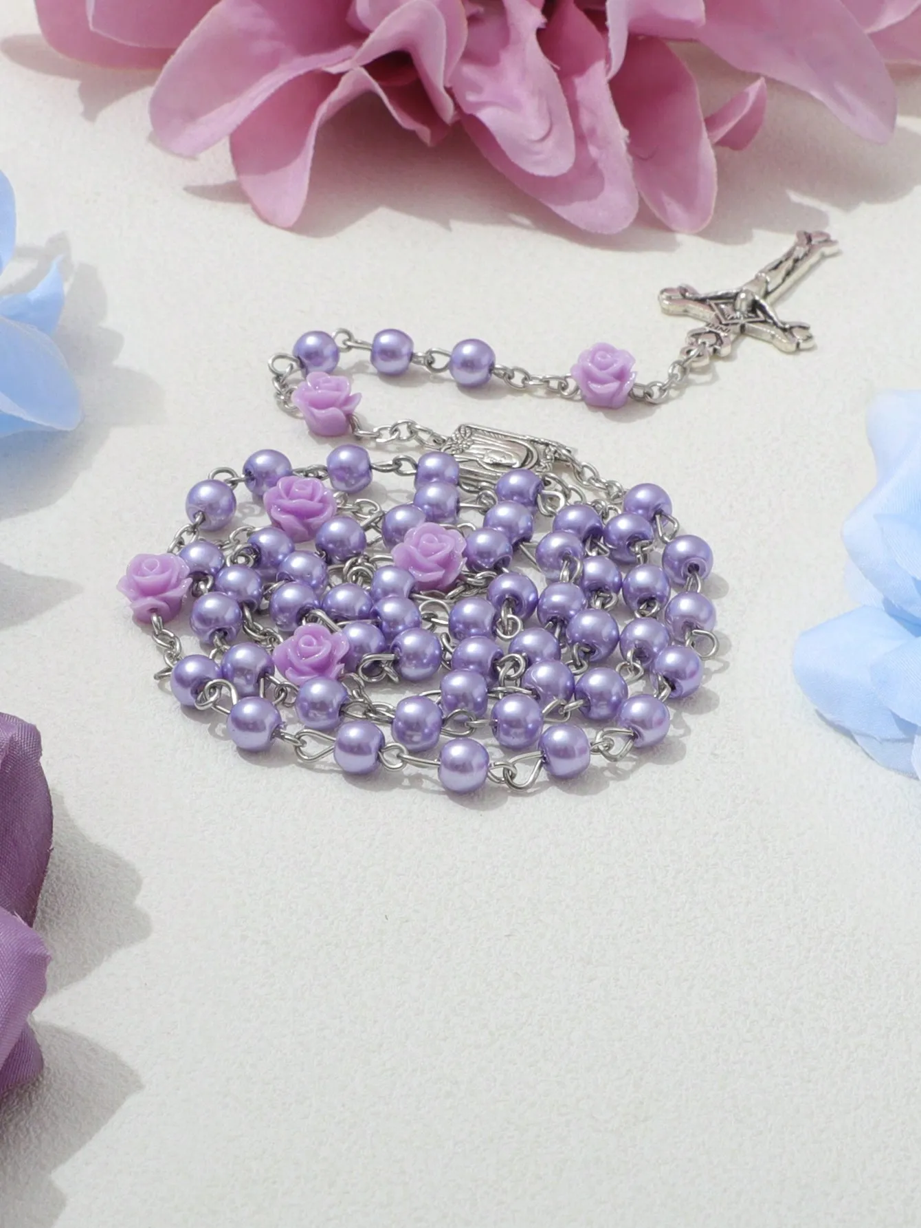 اللؤلؤ الديني العتيقة الأرجواني الصليب الوردية قلادة القلائد يسوع سانت بنديكت مطرز قلادة للرجال النساء المجوهرات #5