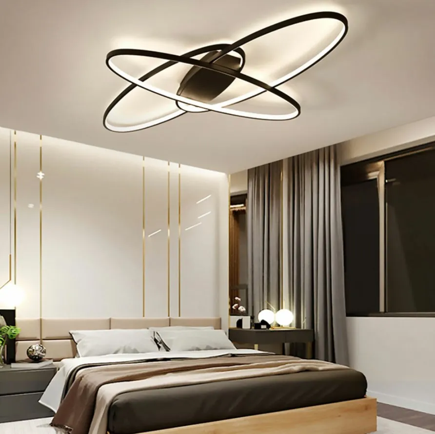 Modern Black/White 3 Staggered Long Ellipses LED Ceiling Light with Remote Control for Dining Room Bedroom