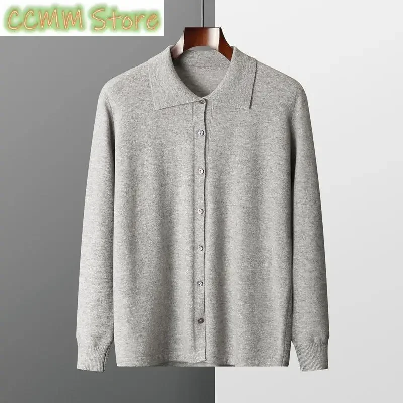 Men's Wool Cardigan Spring Autumn POLO Turn Down Collar Solid Smart Casual Cashmere Sweater Merino Wool Knitwear Fashion