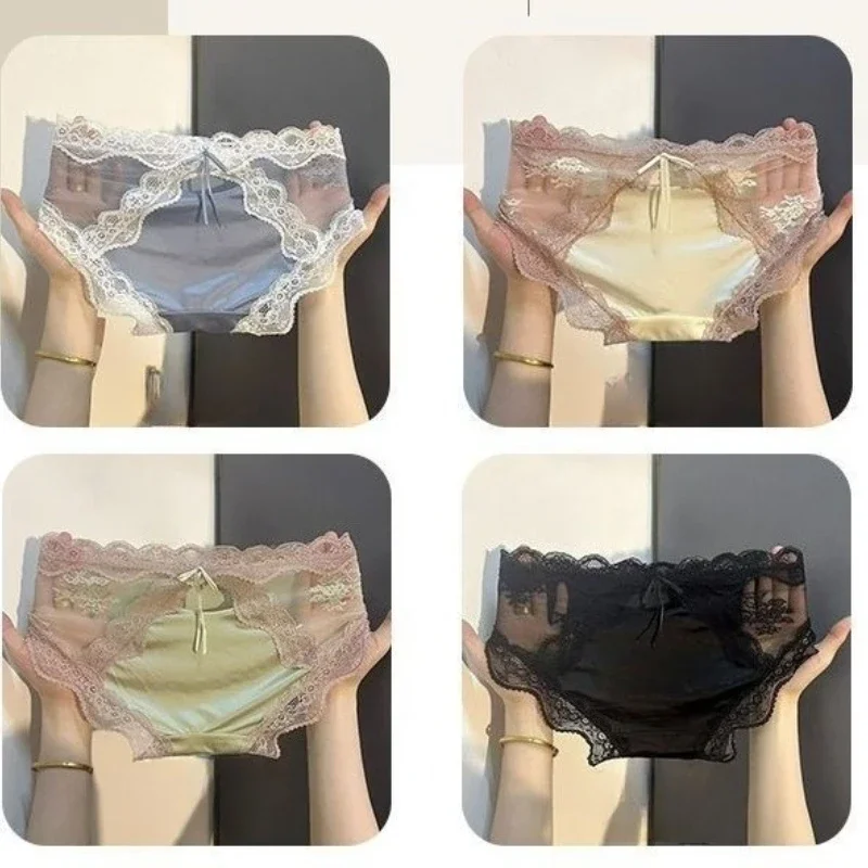

Women's Mid-waist Sexy Satin Lace Antibacterial Breathable Hollow Cotton Crotch New Briefs Panties Pure Desire French Underwear