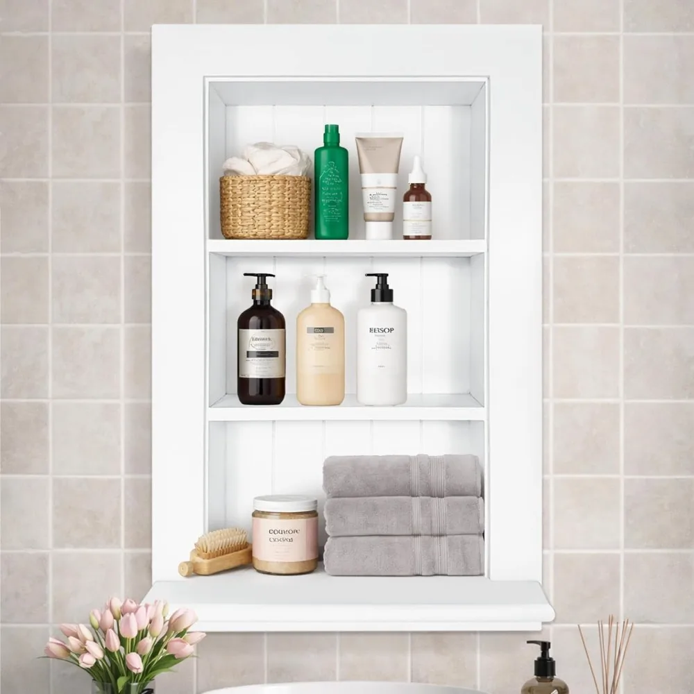 Bathroom Wall Cabinet with 3-Tier Shelves Recessed Over Toilet Wooden Storage 14x24 White
