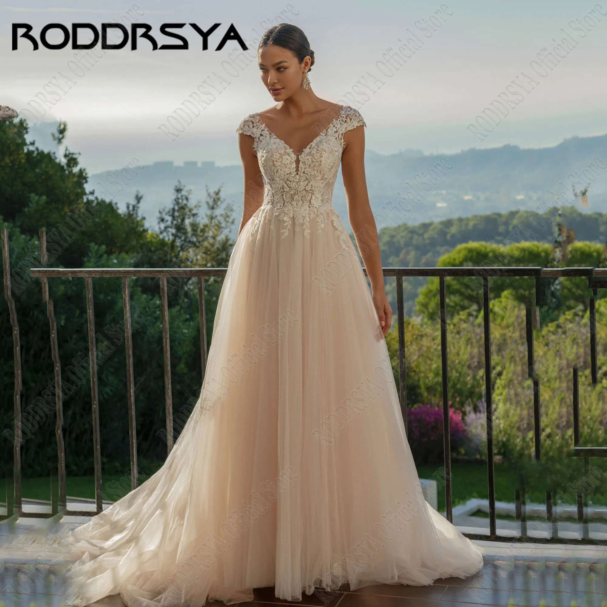 

RODDRSYA Backless Lace Wedding Dress 2024 Bride Cap Sleeves Applique Robe De Mariée A-Line V-Neck Sweep Train Bridal Gown Tulle