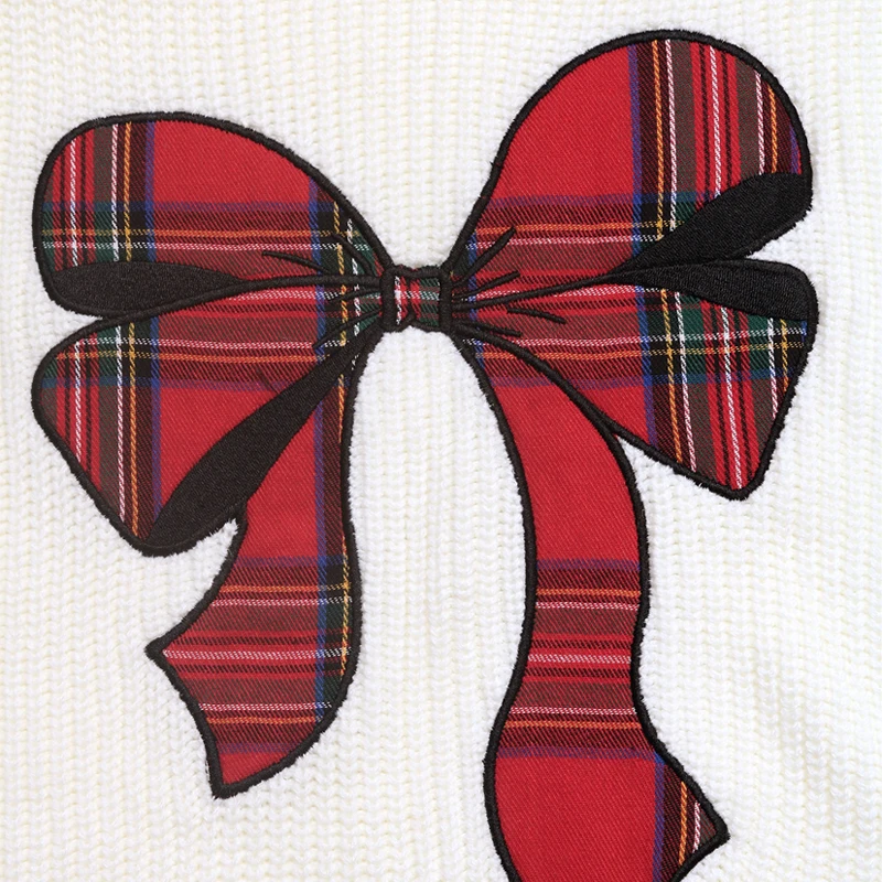 Women's Beige Red Plaid Bow Print Crew Neck Knitted Sweater Christmas Casual Loose Fit Pullover