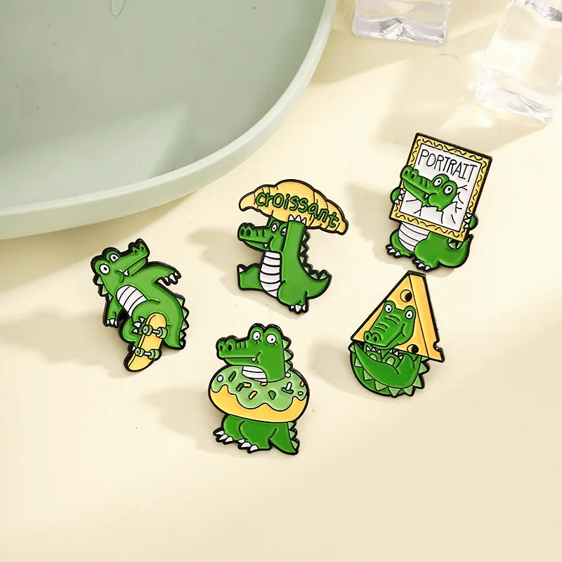 Cartoon Green Dinosaur Frog Enamel Brooches Cute Cactus Goose Toothpaste Toilet Paper Calculator Pins For Bag Jewelry Accessory