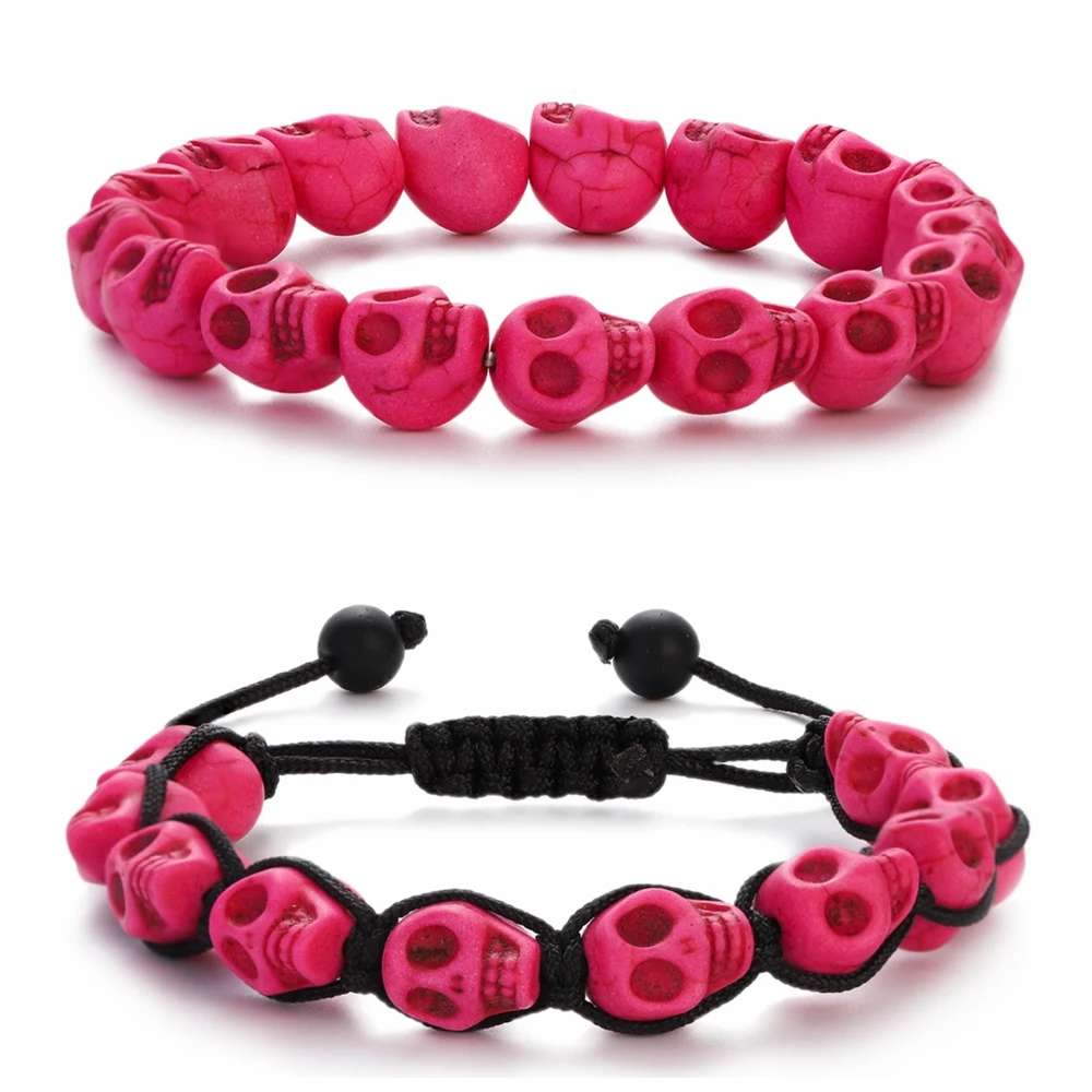 Pink Skull Bracelets for Men Women Natural Stone Skull Carving Bracelets Adjustable Handmade Male Gothic Jewelry 2024