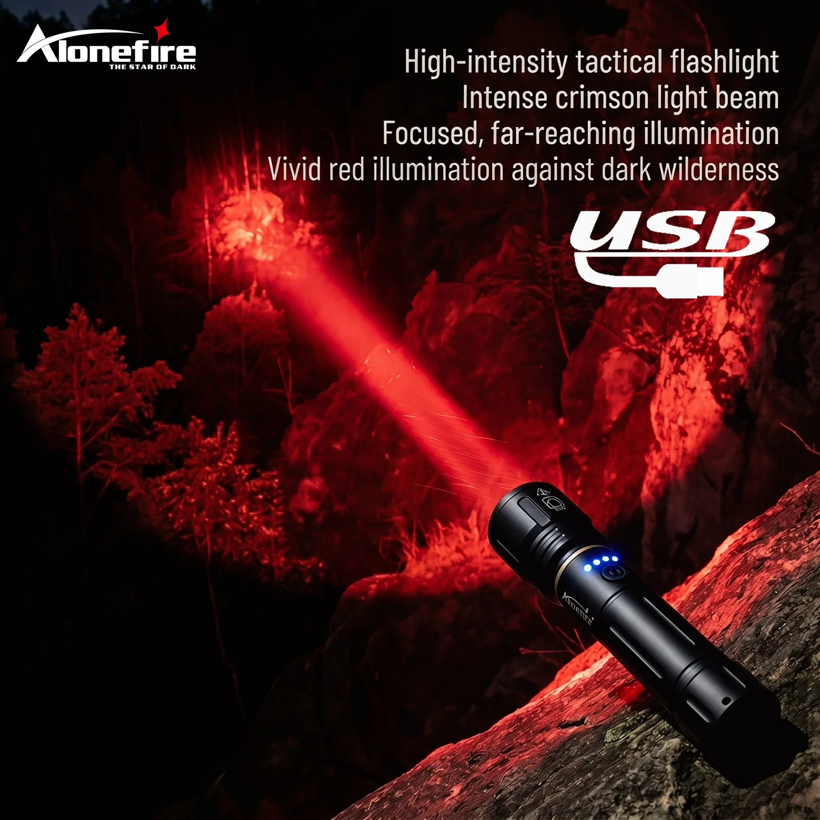 Alonefire Zoom Rotlicht-LED-Taschenlampe mit hoher Leistung, USB wiederaufladbar, Aluminium-Taschenlampe, Camping, Outdoor, Wandern, Jagd, Angeln, Lampe
