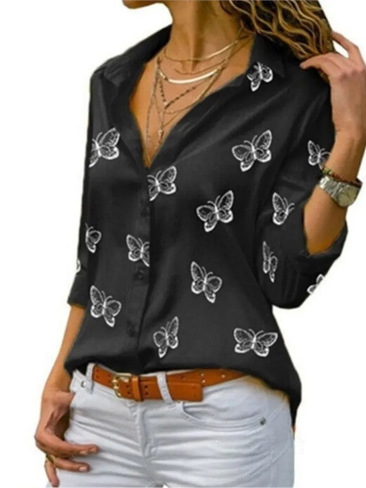 Spring Summer New Multi-color Butterfly Print Shirt Fashionable Loose Collar Comfortable Button Temperament Commuter Shirt