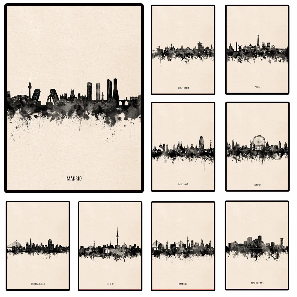 

Travel Modern Madrid City Black ink Abstract Skyline Poster Prints Wall Art Canvas Painting Picture Photo Gift Room Home Decor
