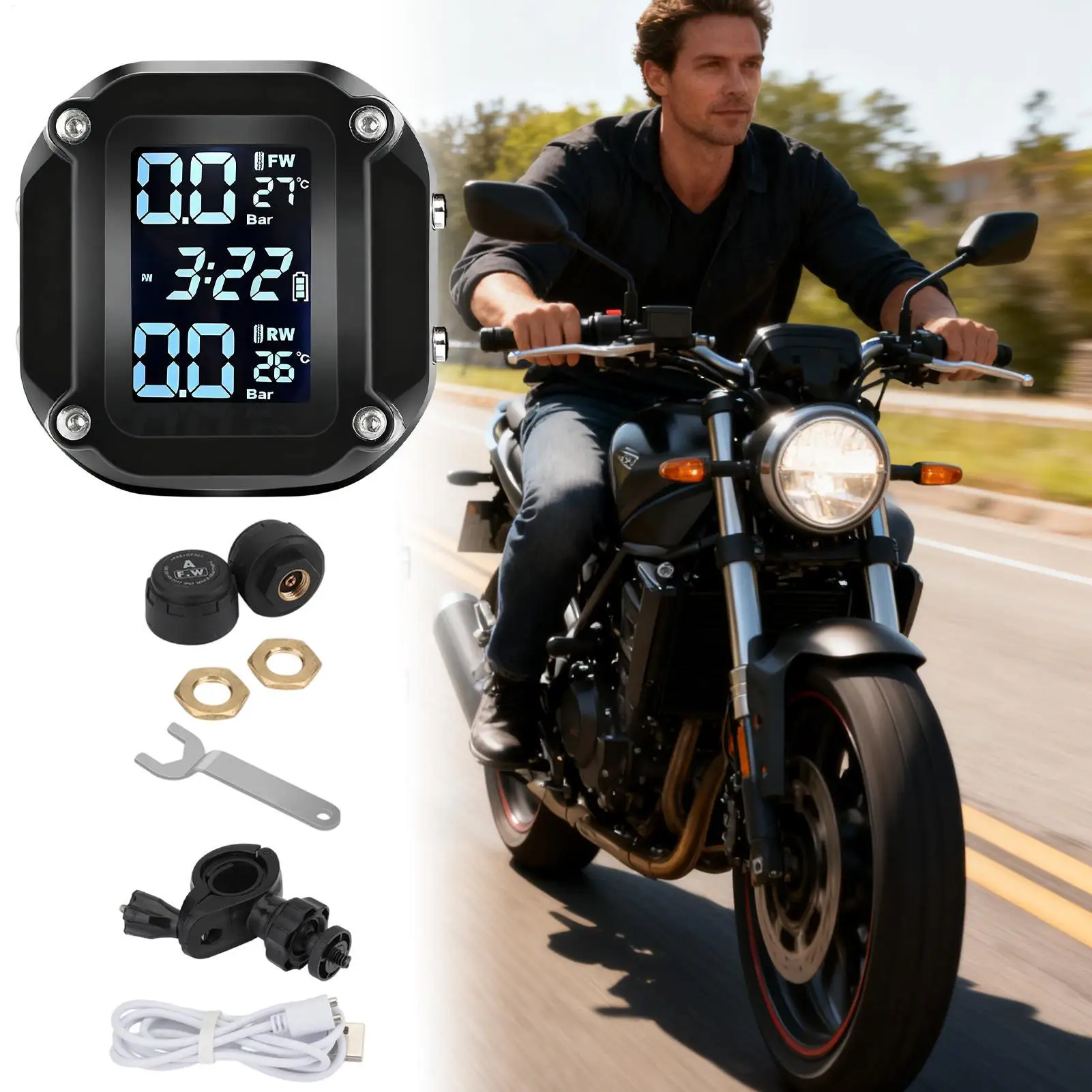 

Motorcycle Tire Pressure Monitoring System LCD TMPS Detector Waterproof Motorcycle Tire Pressure Alarm With External Sensor