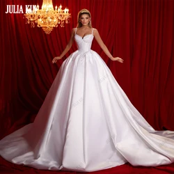 Julia Kui Vintage Beading Pearls Satin Sweetheart Ball Gown Wedding Dress With Spaghetti Straps And Backless Bridal Gowns