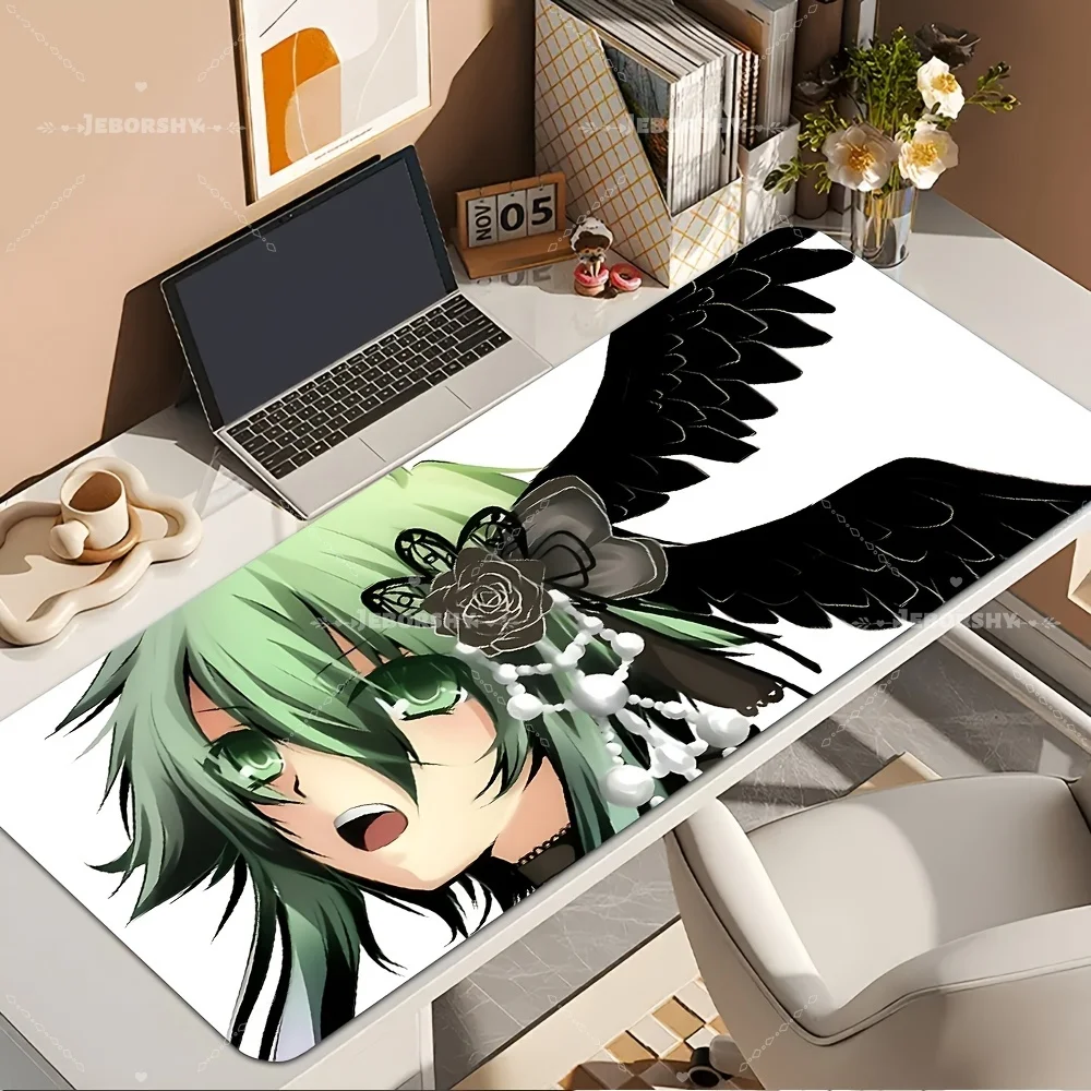 Black Wing Green Hair Anime Girl Large Desk Mat Non Slip Gaming Mouse Pad