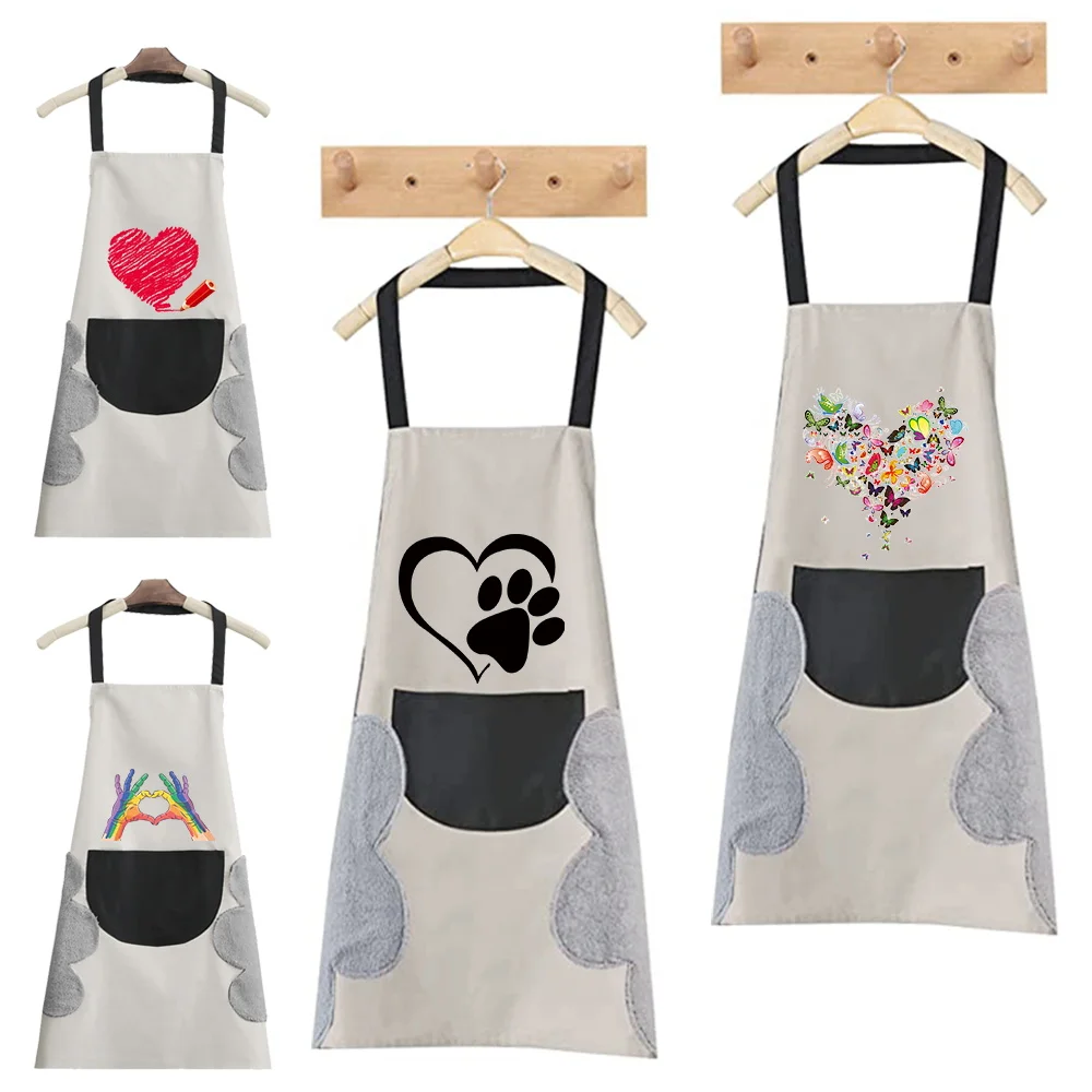 

Hand-wiping Cooking Kitchen Apron Women Waterproof Adult Waist Apron Coffee Beauty Overalls Wipe Love Pattern Studios Uniform