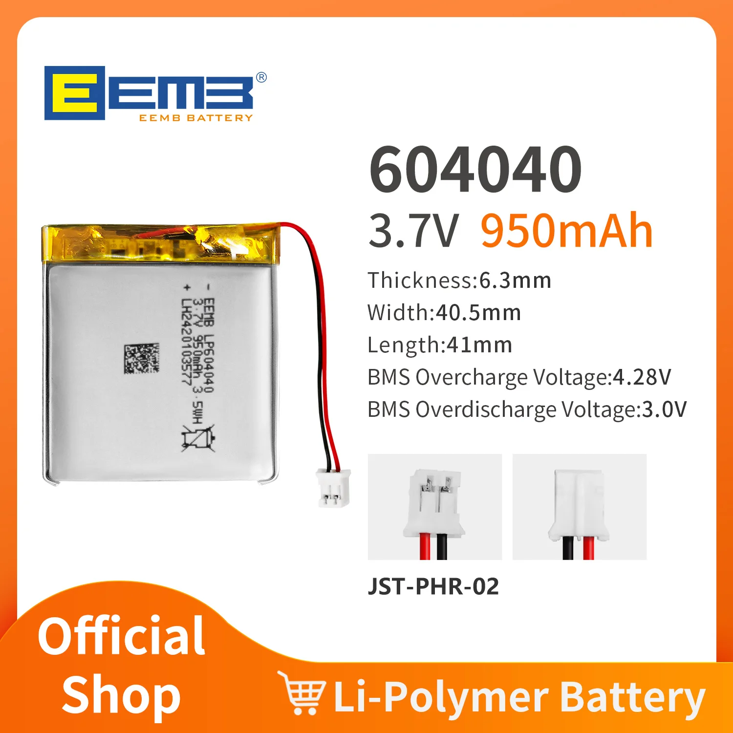 EEMB 604040/6058110/624152/632040/651750 3.7V rechargeable lithium polymer battery custom plug