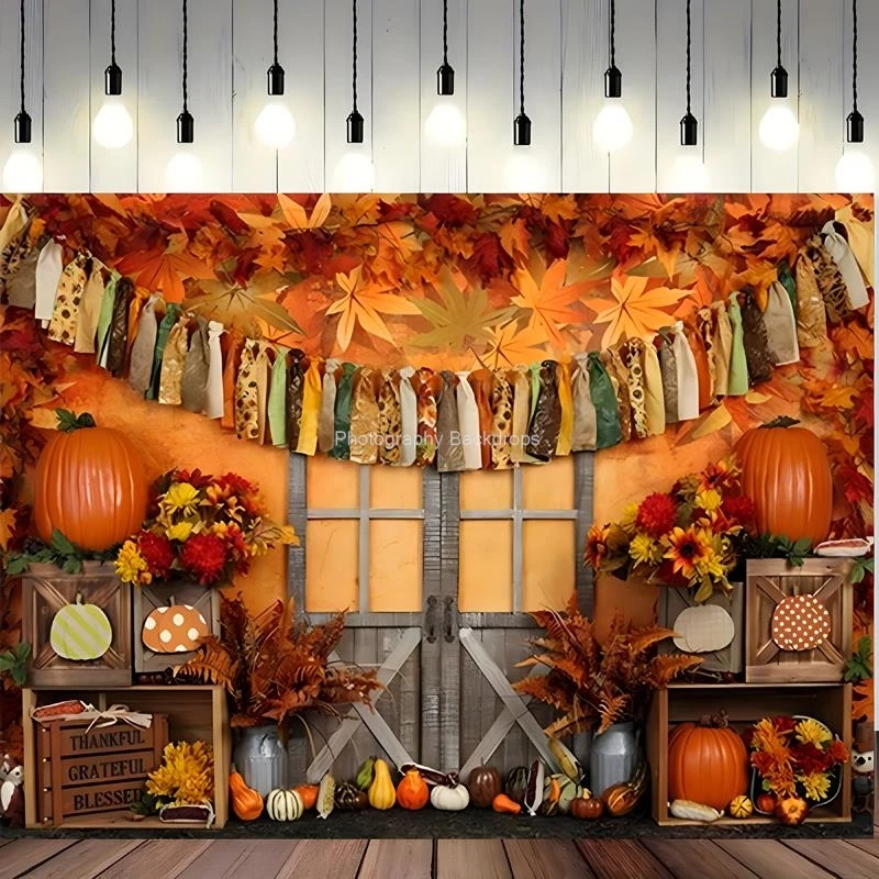 

Halloween Day Autumnal Pumpkins Photography Backdrops Props Maple Leaf Scarecrow Farm Harvest Thanksgiving Background RR-16