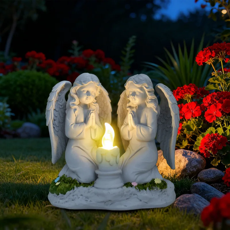 Solar Powered Praying Angel Resin Statue Outdoor Garden Light Ornament Waterproof Angel Sculpture Yard Lawn Balcony Decor Gift