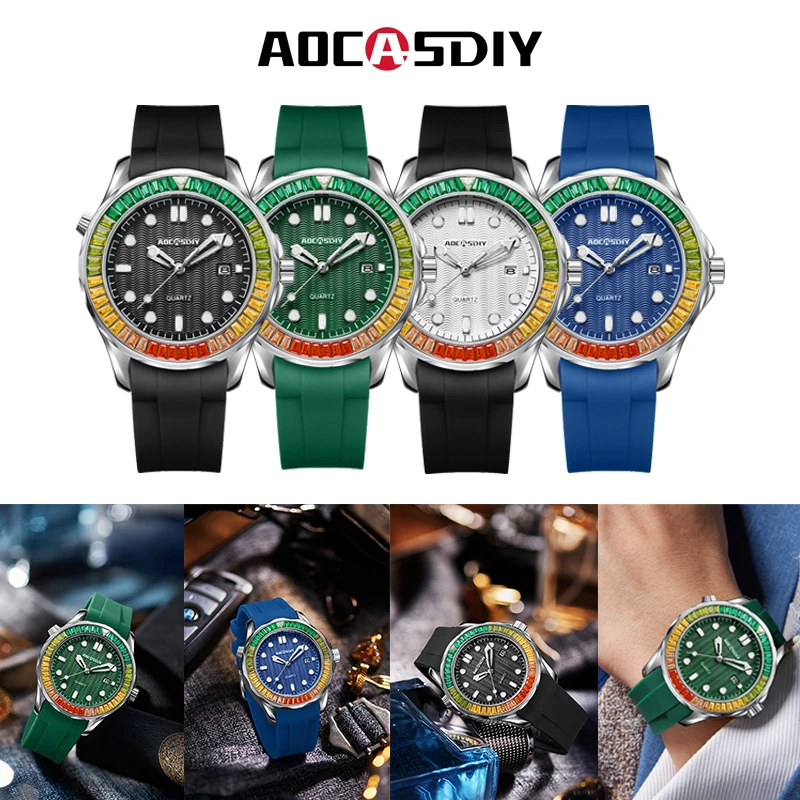 New rainbow diamond calendar men\'s watch Business leisure endurance sports wristwatch Green large dial luminous waterproof clock