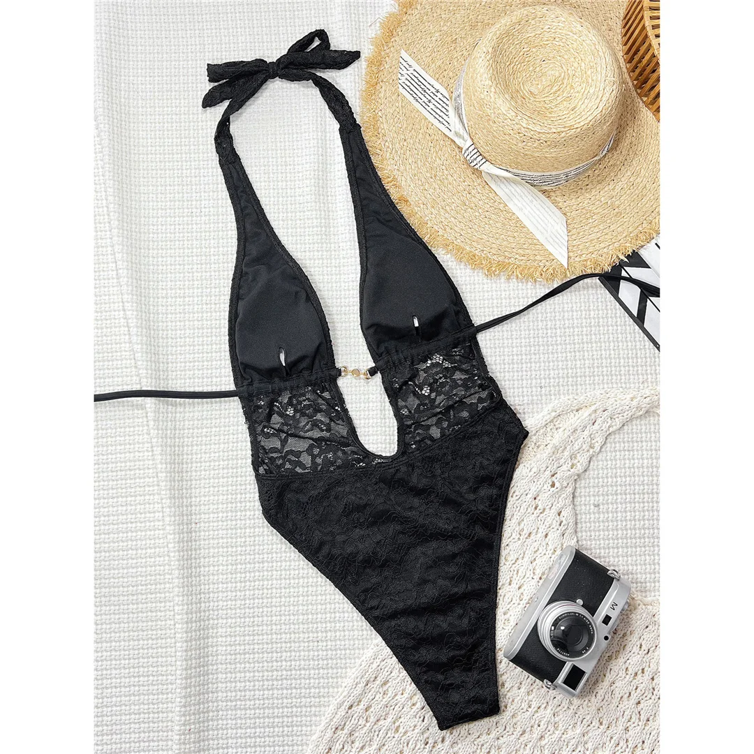 Spitzen-Badeanzug mit tiefem V-Ausschnitt und Neckholder für Damen, einteiliger Badeanzug, Monokini mit hohem Beinausschnitt, rückenfreier Badeanzug, Badeanzug V8264 – Detail 5